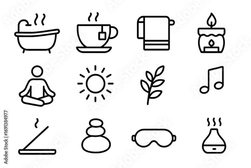 Relaxation Rituals Icons. Outline icon set of relaxation rituals: bathtub, tea cup, towel, aromatherapy candle, meditation pose,