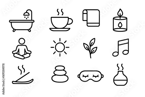 Relaxation Rituals Icons. Outline icon set of relaxation rituals: bathtub, tea cup, towel, aromatherapy candle, meditation pose,