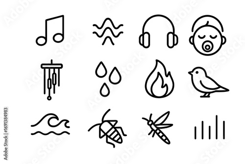 Relaxing Sounds Icons. Outline icon set of relaxing sounds before bed: music note, sound waves, headphones, wind chime, rain drops