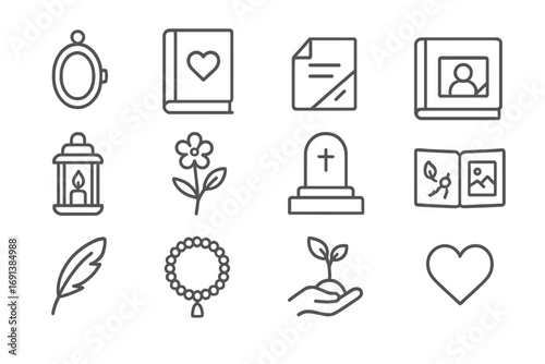 Icons of Remembrance and Healing. Outline icon set of remembrance objects: locket, diary, old letter, framed portrait, candle