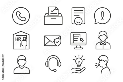 Reporting & Support Icons. Outline icon set of reporting and support channels: anonymous hotline phone, suggestion box, feedback