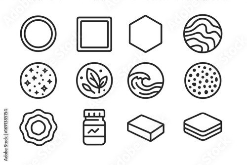Resin Coaster Icon Set. Outline icon set of resin coaster designs: round mold, square mold, hexagon mold, marble swirl design,