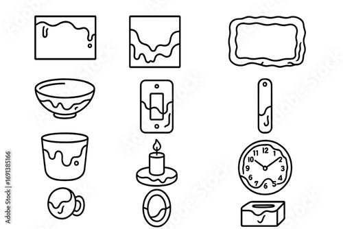 Resin Home Decor Icons. Outline icon set of resin home decor: resin picture frame, resin wall art, resin tray, decorative bowl,