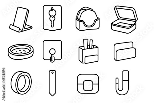 Resin Item Icons. Outline icon set of resin functional items: phone stand, key holder, coaster set, jewelry box, soap dish, wall