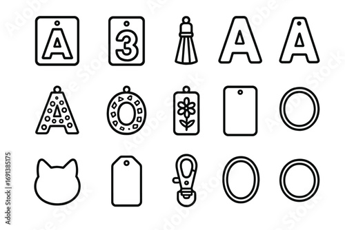 Resin Keychain Icons. Outline icon set of resin keychains: letter mold, number mold, mini tassel, resin initial keychain, glitter