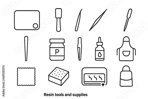 Resin Tools Icon Set. Outline icon set of resin tools and supplies: silicone mixing mat, resin spreader, spatula, precision