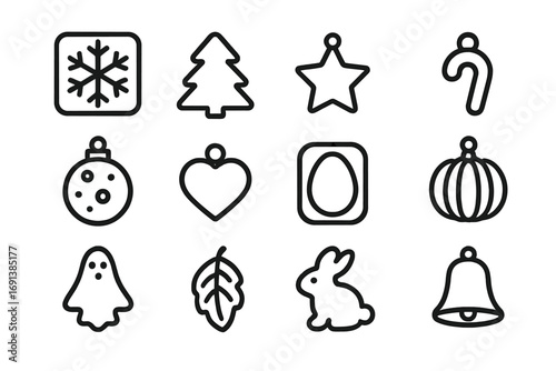 Resin Ornament Icon Set. Outline icon set of resin holiday ornaments: snowflake mold, Christmas tree ornament, star ornament,