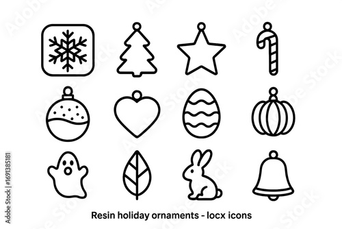 Resin Ornament Icon Set. Outline icon set of resin holiday ornaments: snowflake mold, Christmas tree ornament, star ornament,