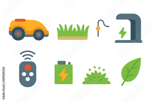 Robotic Mower Icons. Flat vector mini-illustrations Robotic lawn mower in colors children's illustrations: mower robot, grass