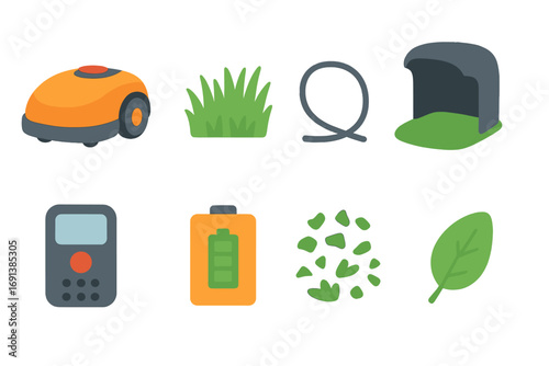 Robotic Mower Icons. Flat vector mini-illustrations Robotic lawn mower in colors children's illustrations: mower robot, grass