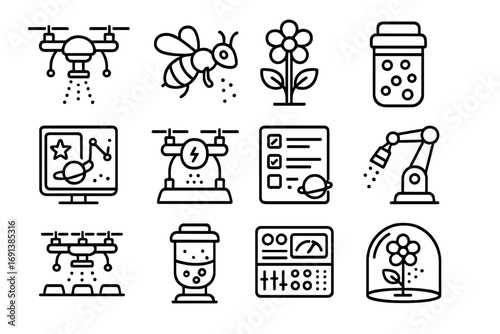 Robotic Pollination Icons. Outline icon set of robotic pollination in extraterrestrial agriculture: drone with pollen sprayer,