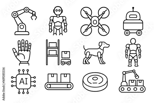 Robotics Icon Set. Outline icon set of AI robotics: robotic arm, humanoid robot, drone, delivery robot, robot hand, warehouse