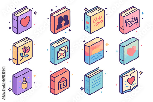 Romantic Book Icons. Colorful isometric vector icons set of romance and literature book covers: heart illustration, couple