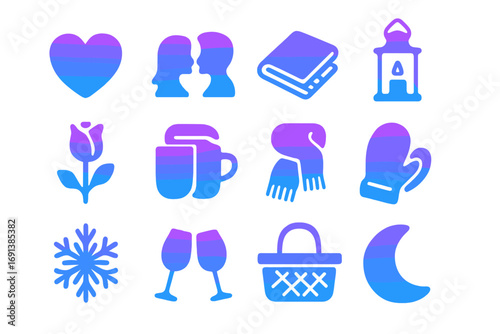 Romantic Picnic Icons. Gradient icons set of romantic snowy picnic date: heart icon, couple silhouettes, blanket, candle lantern,