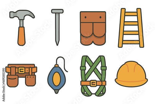 Roofing Tools Illustrations. Flat vector mini-illustrations Roof shingle nailing in colors children's illustrations: roofing