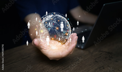 Global business market concept with digital earth, people network, and technology connection, symbolizing worldwide trade, corporate growth, and international communication.