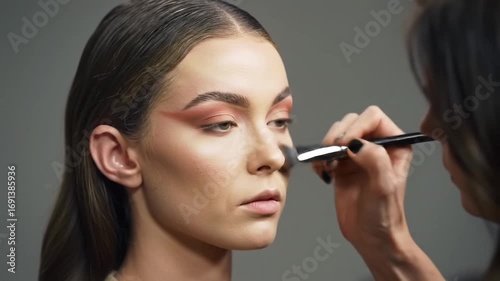 Skilled makeup artist in a professional studio setting applies contour powder with a soft brush to the cheek of a model, perfecting her glamorous and sophisticated makeup look
