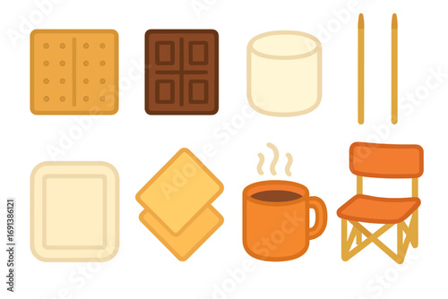 S'mores Station Essentials. Flat vector mini-illustrations S’mores station essentials in colors children's illustrations: graham