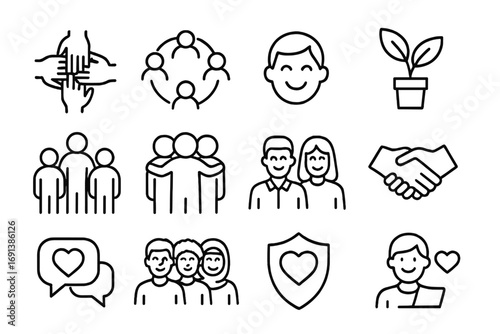 Safe Workplace Icons. Outline icon set of safe workplace culture: teamwork hands, inclusive circle, happy employee face, office