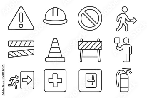 Safety Icon Set. Outline icon set of site signage and barriers: danger sign, hard hat area, no entry symbol, pedestrian detour,