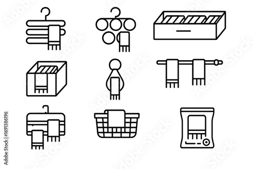 Scarf Storage Icons. Outline icon set of Scarf and shawl organization: scarf hanger, ringed scarf hanger, scarf drawer divider,