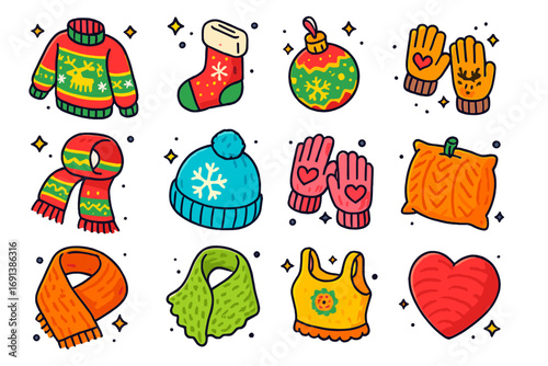Seasonal Knitwear Icons. Colorful isometric vector icons set of seasonal knitwear: holiday sweater, Christmas stocking, knitted