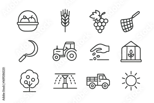 Seasonal Labor Icons. Outline icon set of seasonal labor migration: fruit basket, wheat sheaf, grapevine, fishing net, harvest