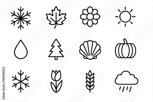Seasonal Nature Icons. Outline icon set of Seasonal nature themes: snowflake, autumn leaf, blooming flower, summer sun, raindrop,