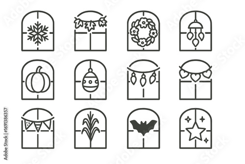 Seasonal Window Decor Icons. Outline icon set of Seasonal playhouse window décor: snowflake decal, autumn leaf garland, spring