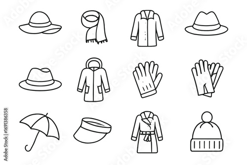 Seasonal Wardrobe Icons. Outline icon set of seasonal wardrobe rotation: summer hat, linen scarf, spring light coat, autumn fedora