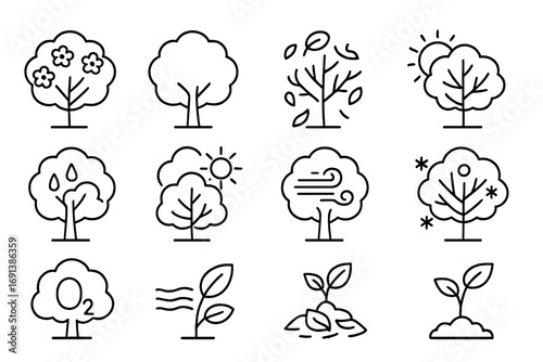 Seasonal Tree Icons. Outline icon set of Seasonal tree air benefits: spring blossom tree, summer full canopy, autumn falling