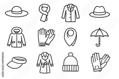 Seasonal Wardrobe Icons. Outline icon set of seasonal wardrobe rotation: summer hat, linen scarf, spring light coat, autumn fedora