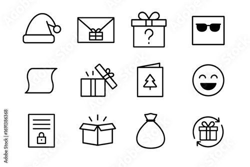 Secret Santa Essentials Icons. Outline icon set of Secret Santa essentials: Santa hat, gift envelope, question mark gift,