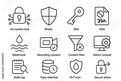Security Icons Grid. Outline icon set of security and compliance controls: encryption lock, shield, SSO key, NDA document,