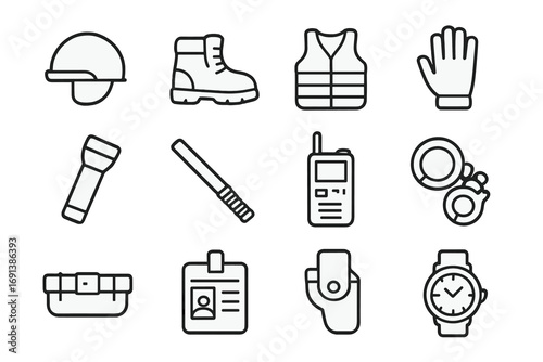 Security Gear Icons. Outline icon set of equipment and uniform essentials: helmet, safety boots, security vest, gloves, flashlight