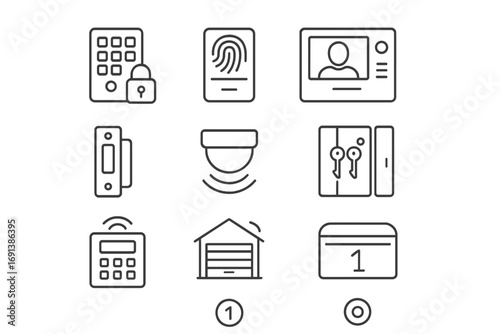 Security Icons Set. Outline icon set of security and entry systems: keypad lock, fingerprint reader, video intercom, door strike,
