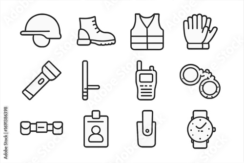 Security Gear Icons. Outline icon set of equipment and uniform essentials: helmet, safety boots, security vest, gloves, flashlight