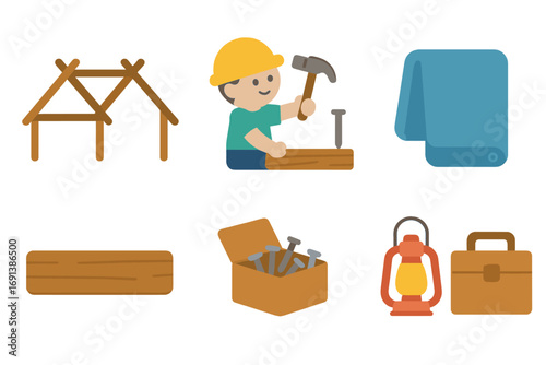 Shelter Construction Icons. Flat vector mini-illustrations Temporary shelter construction in colors children's illustrations: tent