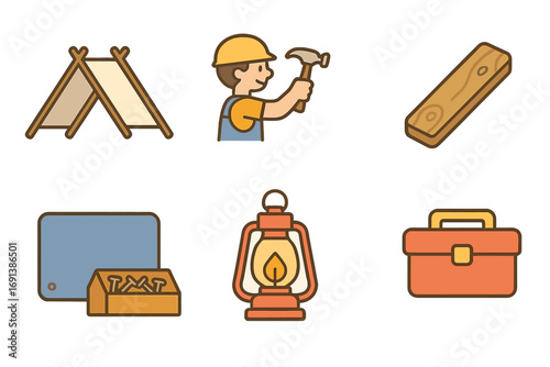 Shelter Construction Icons. Flat vector mini-illustrations Temporary shelter construction in colors children's illustrations: tent