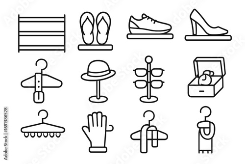 Shoe & Accessory Icons. Outline icon set of shoe and accessory placement: shoe rack, flip-flops, sneakers, heels, belt hook, hat