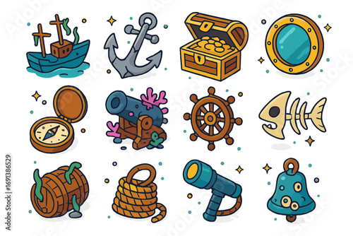 Shipwreck Diving Icons. Colorful isometric vector icons set of shipwreck diving: sunken ship, broken anchor, treasure chest,