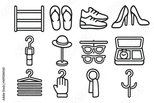Shoe & Accessory Icons. Outline icon set of shoe and accessory placement: shoe rack, flip-flops, sneakers, heels, belt hook, hat