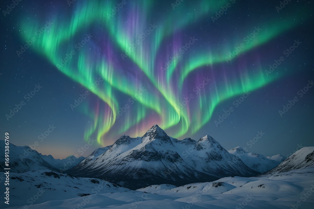 Fototapeta premium Ai generated:Aurora Borealis Over Snow-Covered Mountains with Colorful Night Sky
