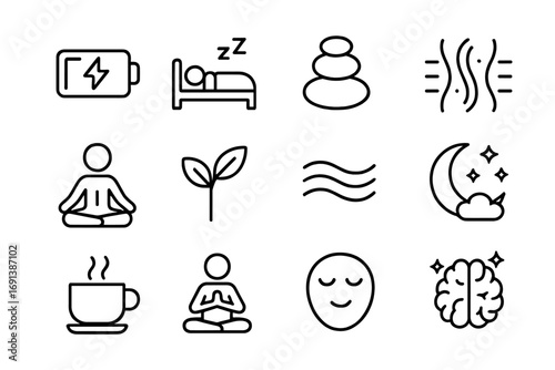 Sleep and Stress Icons. Outline icon set of sleep and stress recovery: battery recharging, sleeping person in bed, zen stone stack