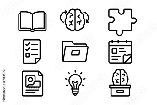 Sleep and Memory Icons. Outline icon set of sleep and memory consolidation: open book, brain with arrows, puzzle piece, hard drive