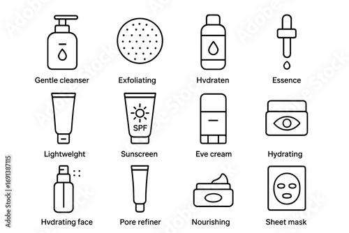 Skincare Prep Icons. Outline icon set of Skincare prep for nude makeup: gentle cleanser bottle, exfoliating pad, hydrating toner,