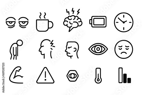 Sleep Deprivation Icons. Outline icon set of sleep deprivation effects: tired eyes, coffee mug, brain with stress lines, broken