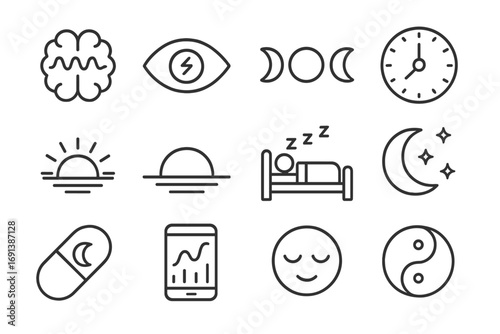 Sleep Cycle Icons. Outline icon set of sleep cycles: brain with waves, REM eye symbol, moon phases, circadian clock, sunrise,