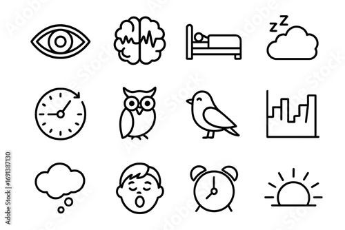 Sleep Cycle Icons. Outline icon set of sleep cycles and stages: REM eye, slow-wave brain waves, deep sleep bed, light sleep cloud,