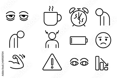 Sleep Deprivation Icons. Outline icon set of sleep deprivation effects: tired eyes, coffee mug, brain with stress lines, broken